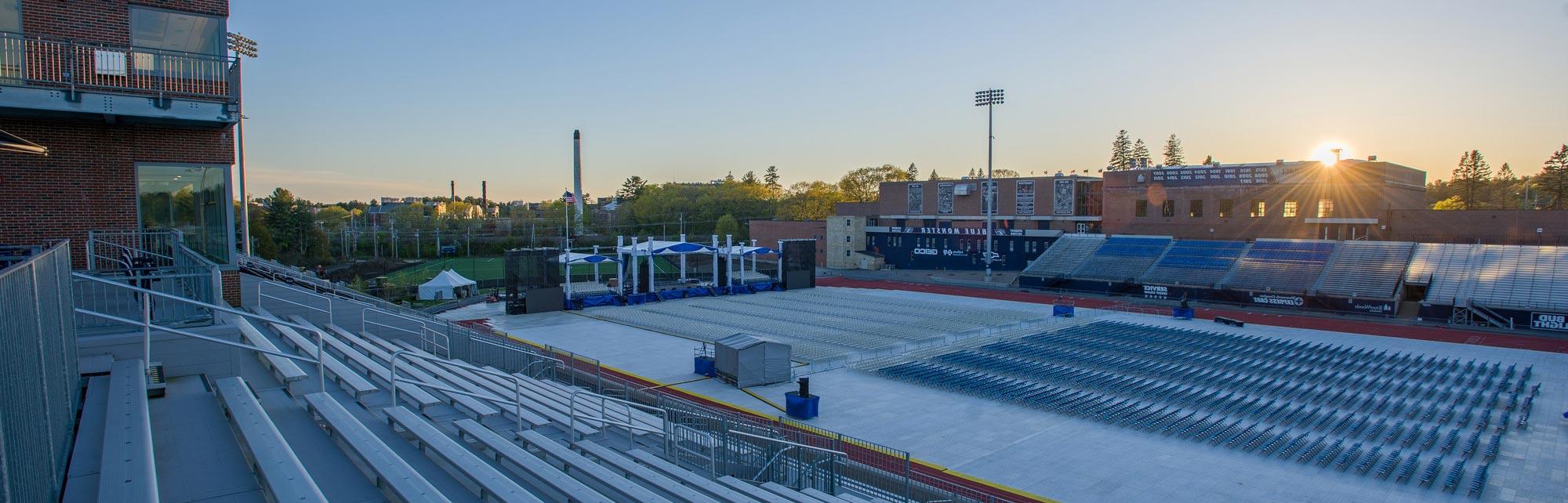 The empty football stadium, prepared for commencement
